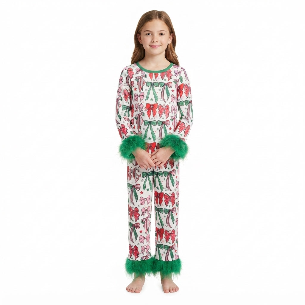 Baby Girls Green Red Bows Top Pants Fur Sleeves Christmas Pajamas Set