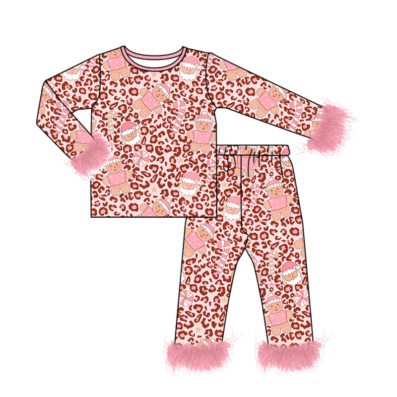 Preorder moq 5 Baby Girls Pink Leopard Gingerbread Top Pants Fur Sleeves Christmas Pajamas Set
