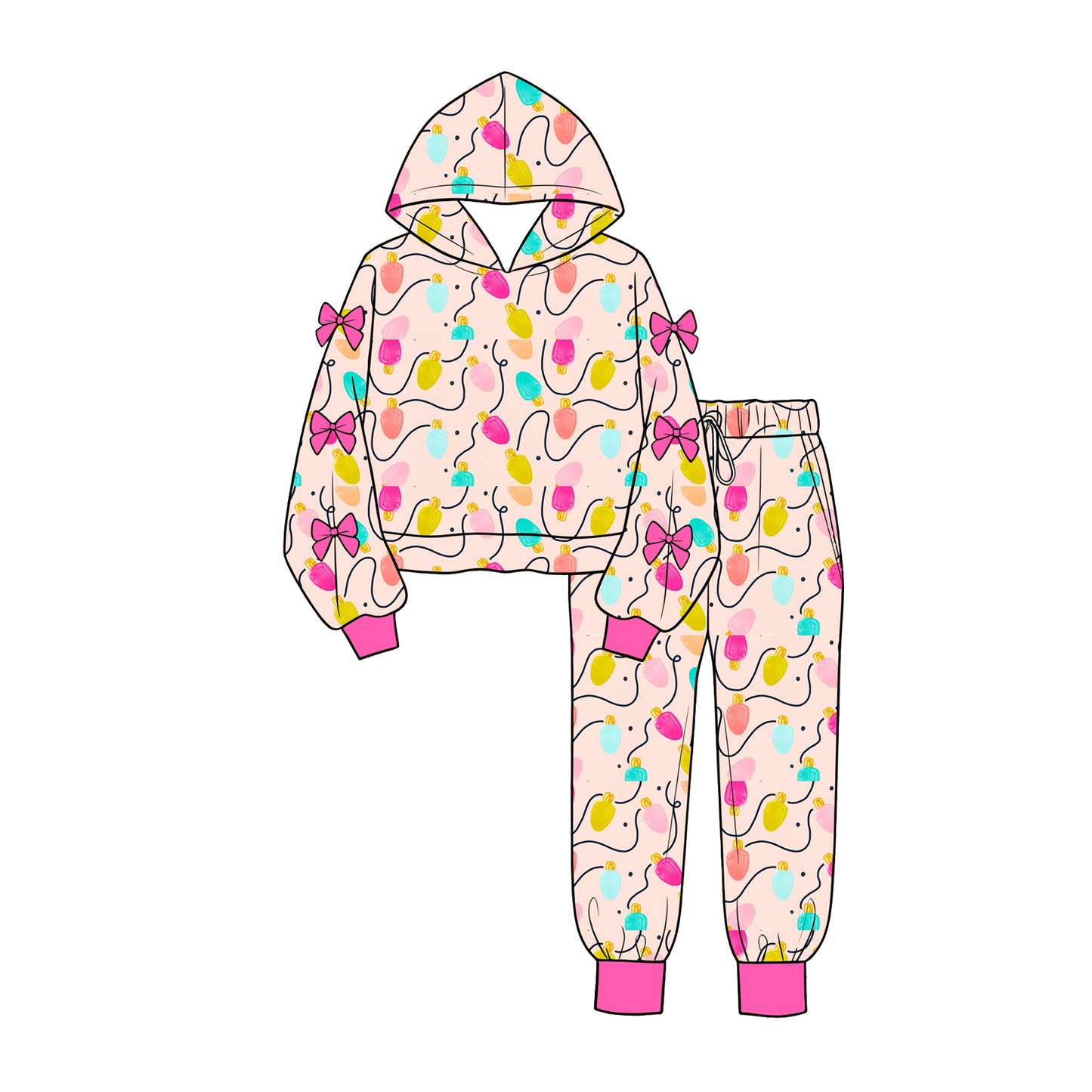 Preorder moq 5 Baby Girls Colorful Lights Bows Hoodie Pockets Jogger Christmas Clothes Set