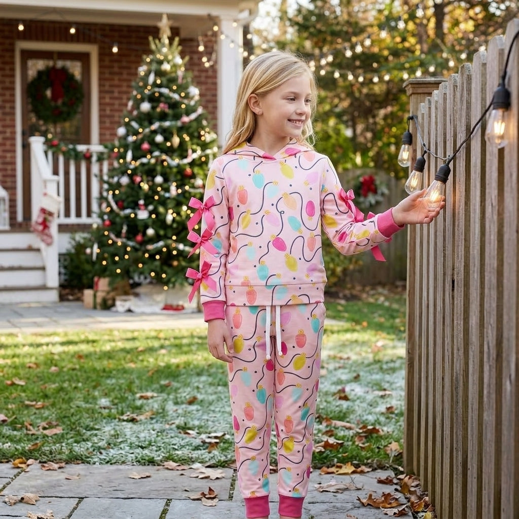 Baby Girls Colorful Lights Bows Hoodie Pockets Jogger Christmas Clothes Set