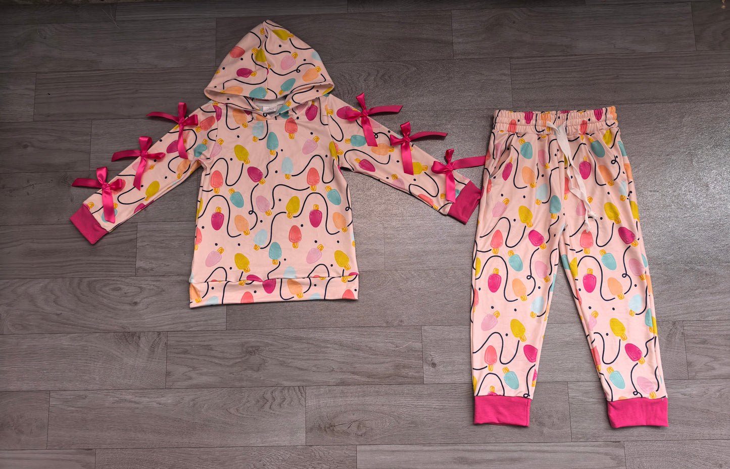 Baby Girls Colorful Lights Bows Hoodie Pockets Jogger Christmas Clothes Set Preorder