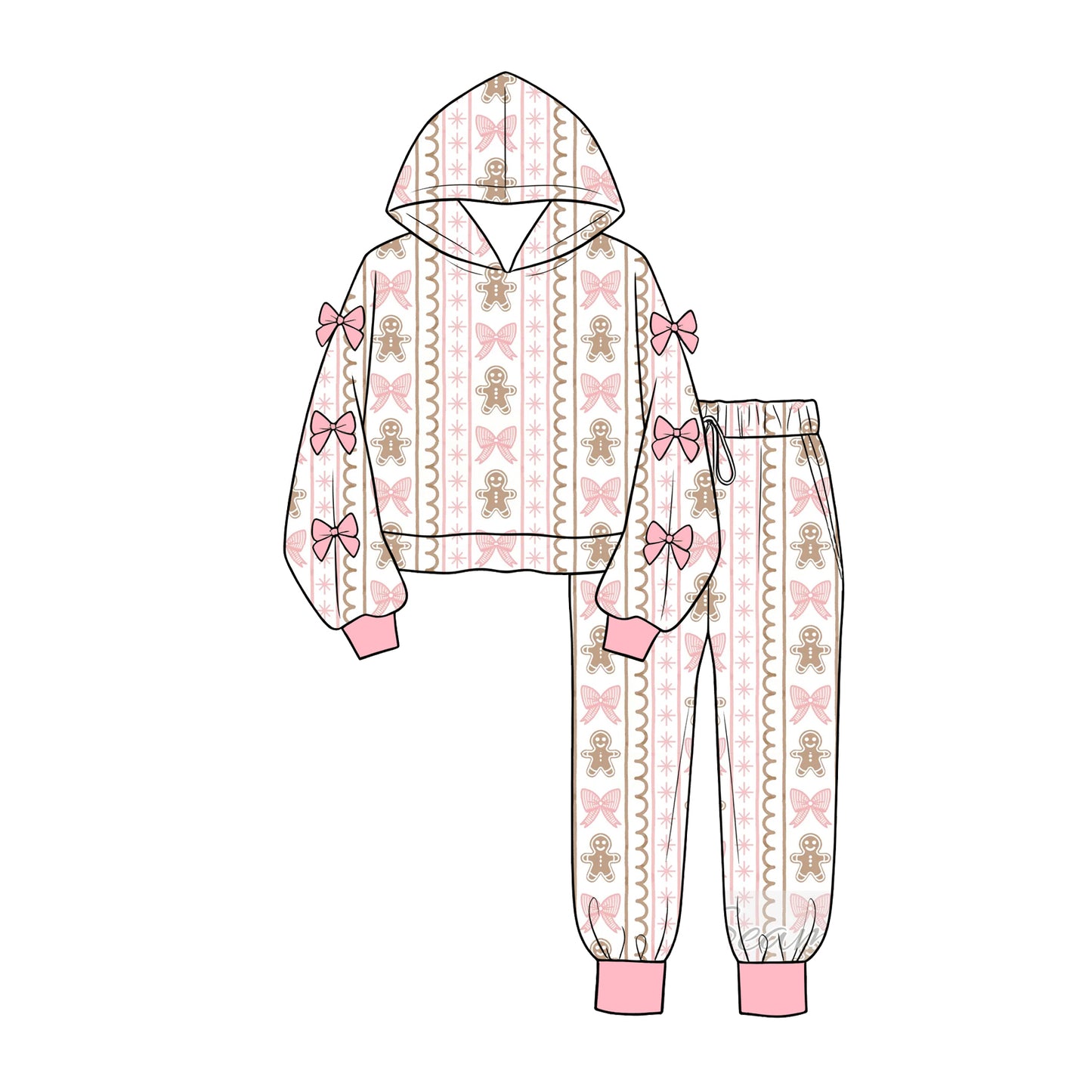 Preorder moq 5 Baby Girls Bows Gingerbread Hoodie Pockets Jogger Christmas Clothes Set