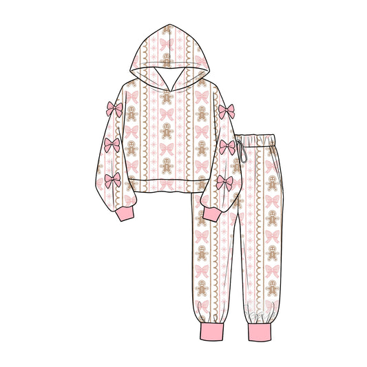 Preorder moq 5 Baby Girls Bows Gingerbread Hoodie Pockets Jogger Christmas Clothes Set