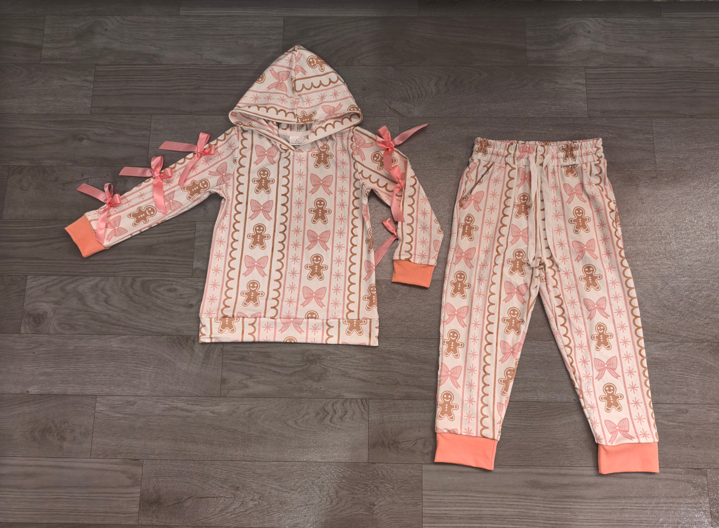 Preorder Baby Girls Bows Gingerbread Hoodie Pockets Jogger Christmas Clothes Set
