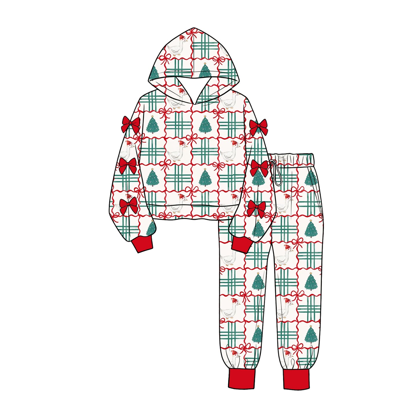 Preorder moq 5 Baby Girls Bows Goose Trees Hoodie Pockets Jogger Christmas Clothes Set