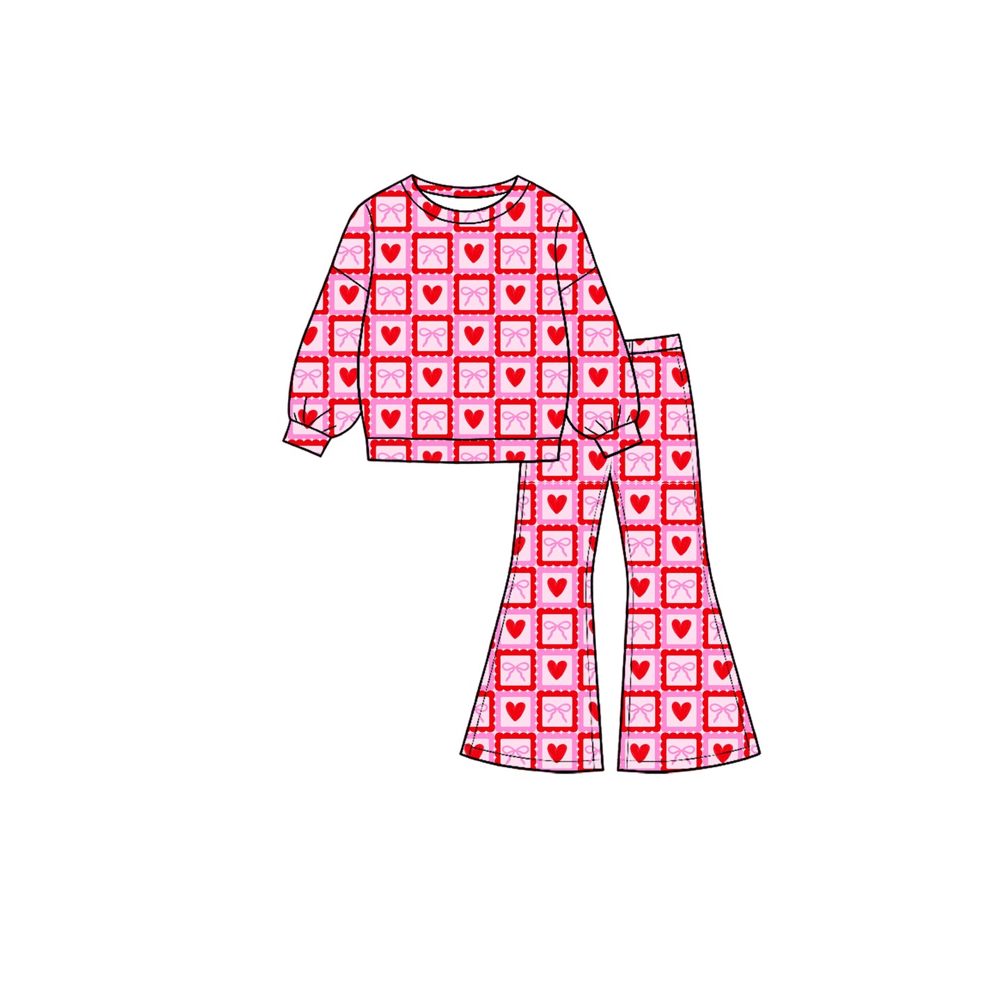 Preorder moq 5 Baby Girls Hearts Bows Checked Top Flare Pant Valentines Clothes Set
