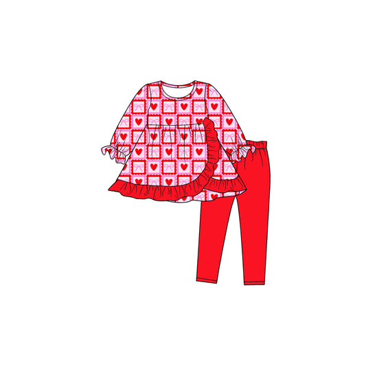 Preorder moq 5 Baby Girls Hearts Bows Checked Tunic Leggings Valentines Clothes Set