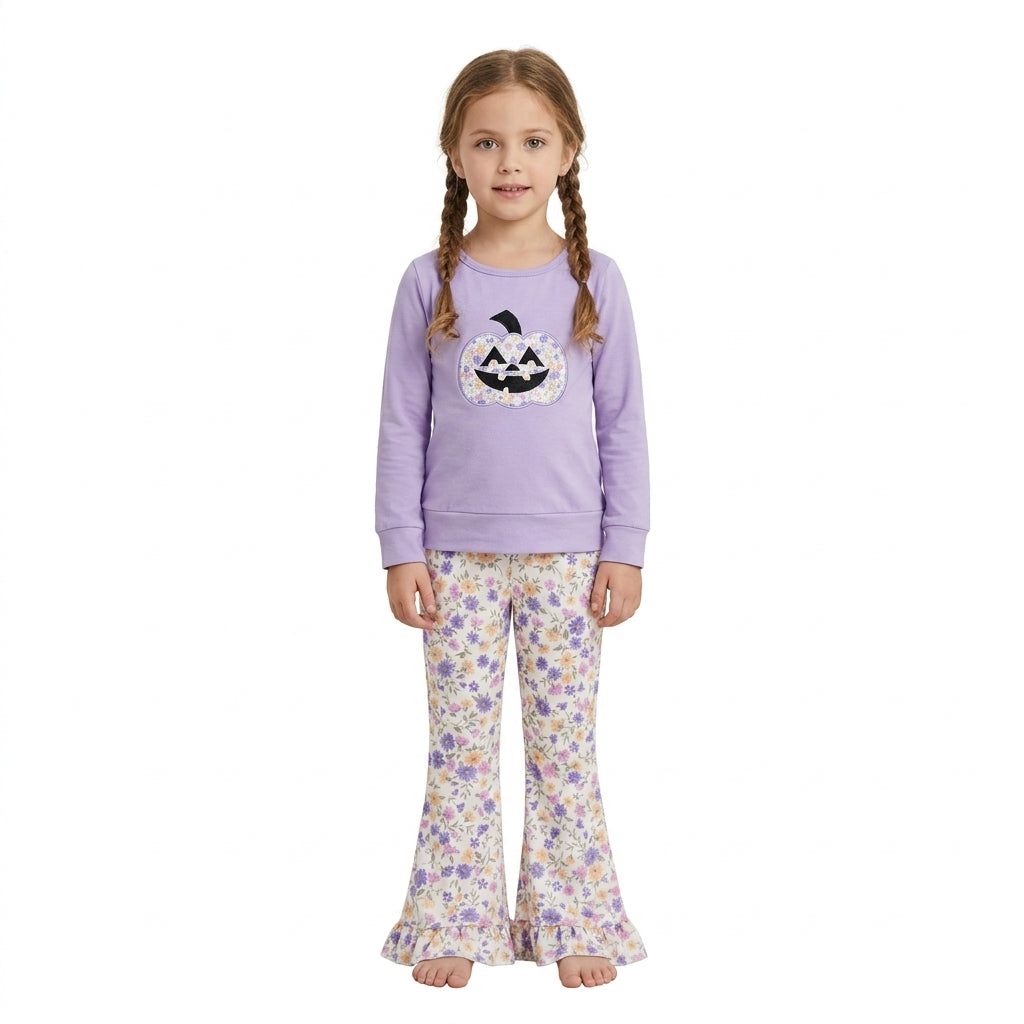 Embroidery Flowers Ghost Pumpkins Baby Girls Ruffle Bell Bottom Pant Halloween Set
