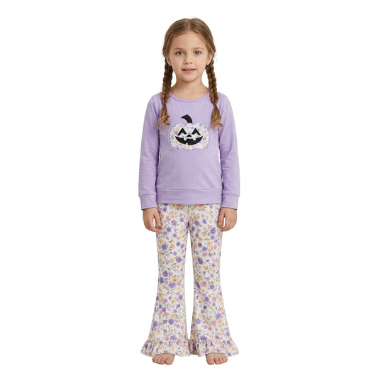 Embroidery Flowers Ghost Pumpkins Baby Girls Ruffle Bell Bottom Pant Halloween Set