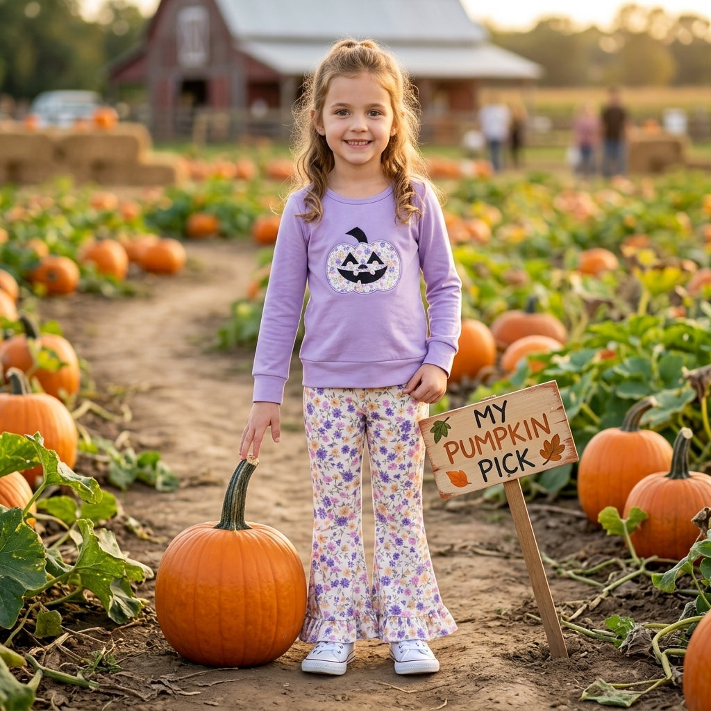 Embroidery Flowers Ghost Pumpkins Baby Girls Ruffle Bell Bottom Pant Halloween Set