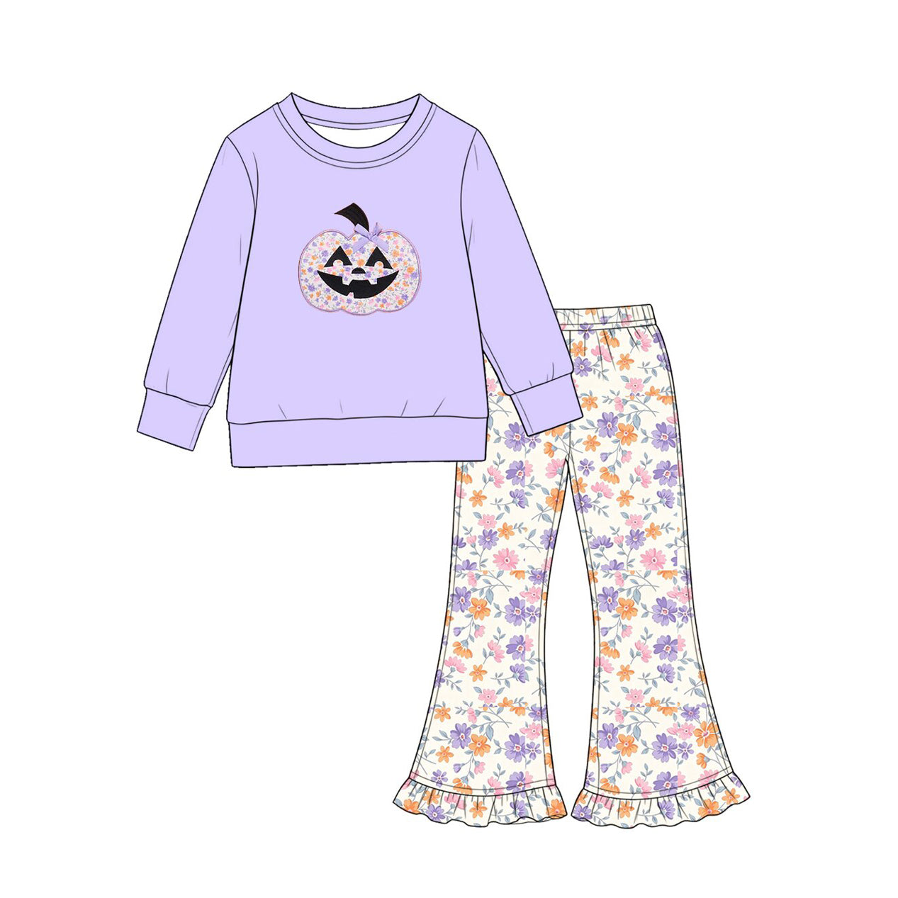 Preorder moq 5 Baby Girls Flowers Ghost Pumpkins Top Ruffle Pant Halloween Clothes Set