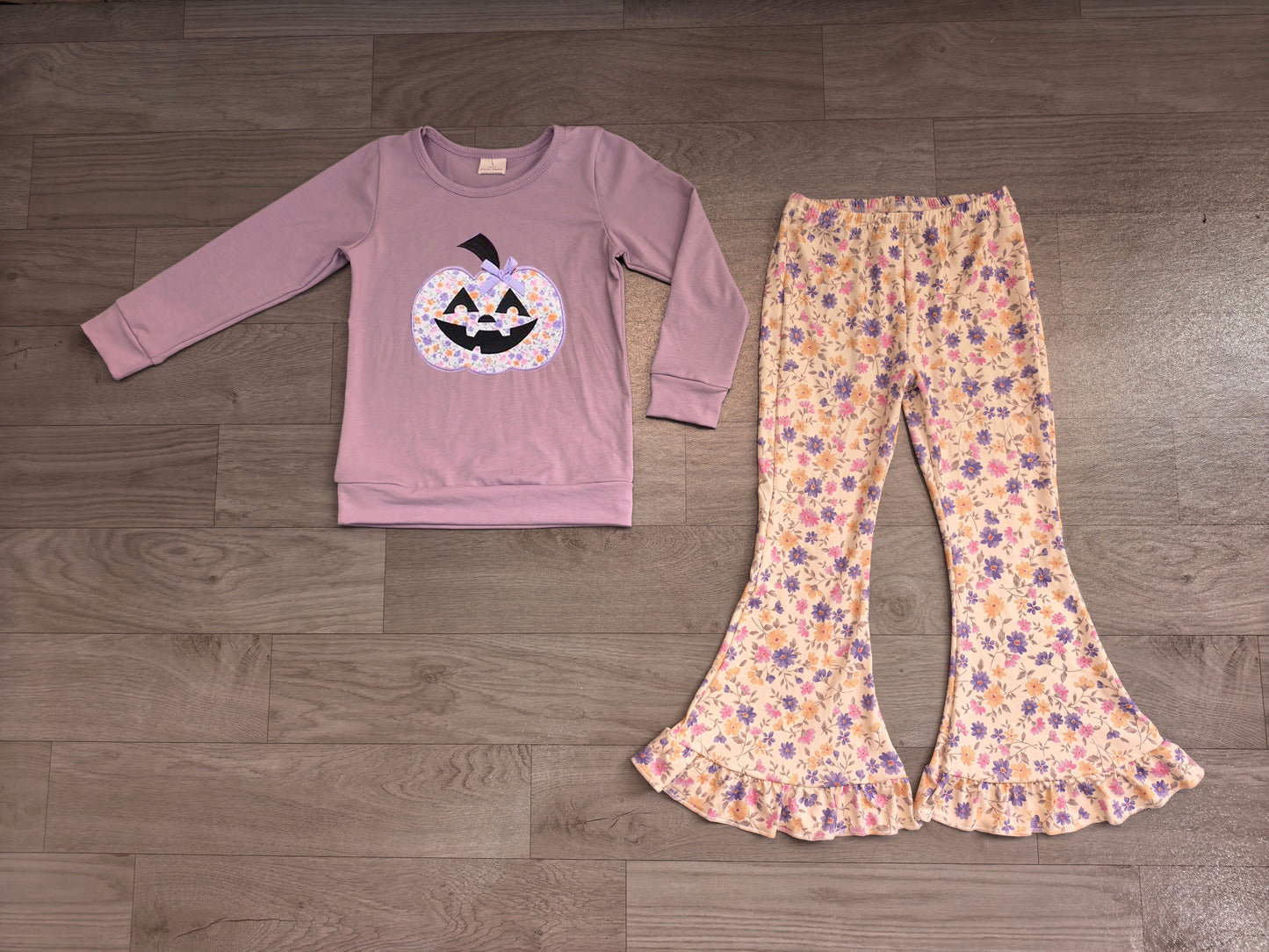 Embroidery Flowers Ghost Pumpkins Baby Girls Top Ruffle Pant Halloween Clothes Set Preorder