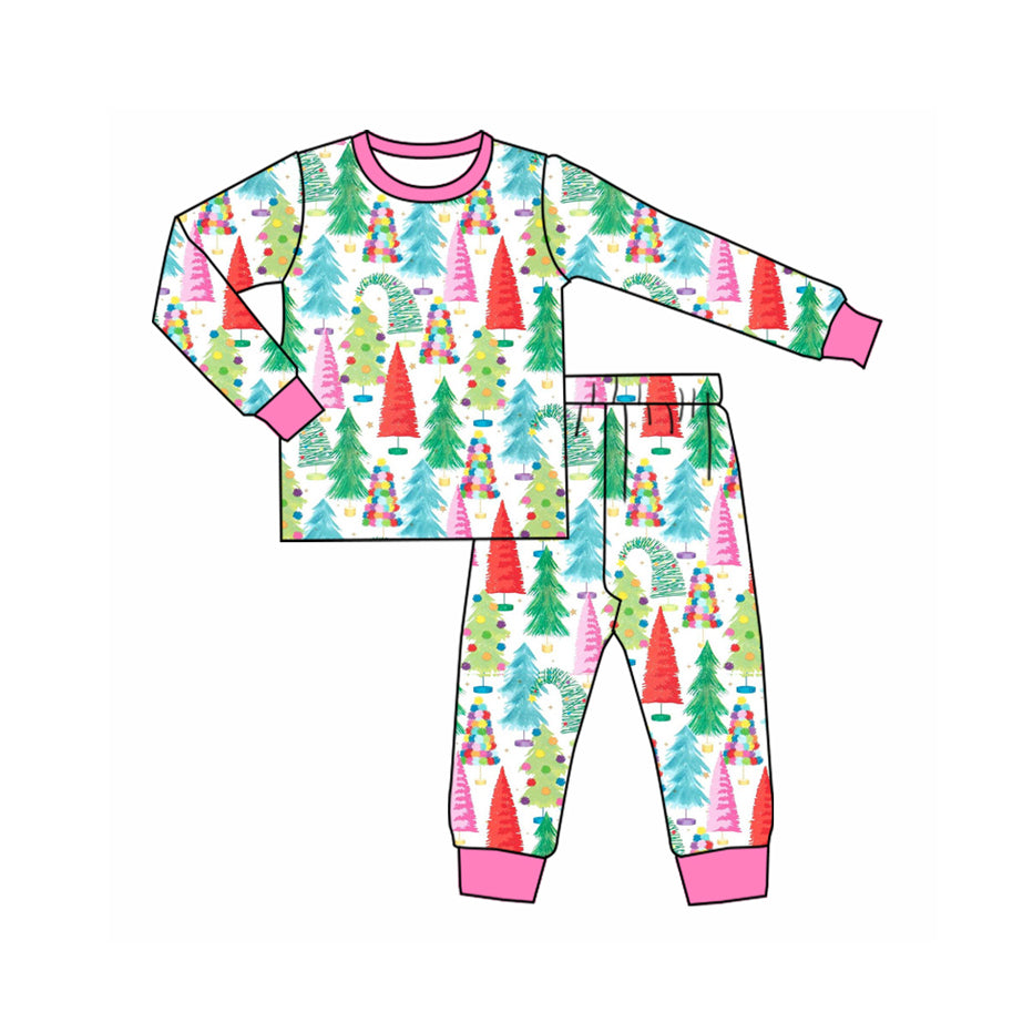 Preorder moq 5 Baby Girls Colorful Trees Top Pant Christmas Pajamas Set