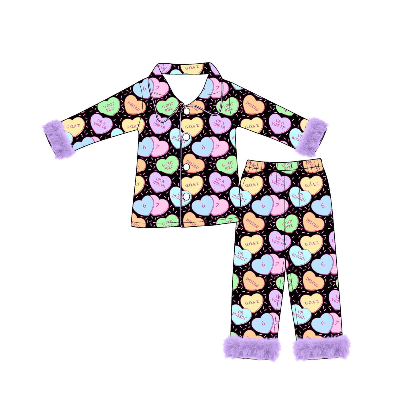 Preorder moq 5 Baby Girls Colorful Hearts Sprinkles Button Top Pant Fur Sleeves Valentines Pajamas Set