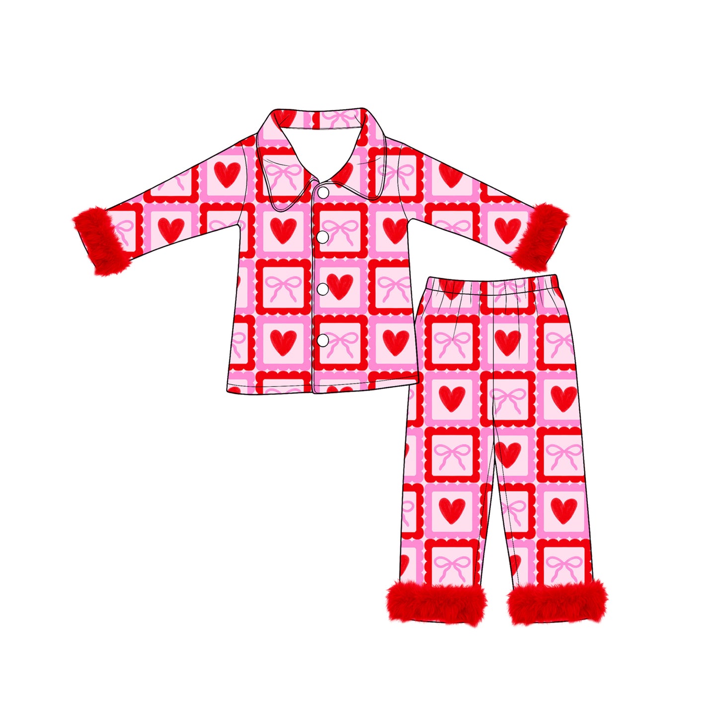 Preorder moq 5 Baby Girls Hearts Bows Checked Button Top Pant Fur Sleeves Valentines Pajamas Set