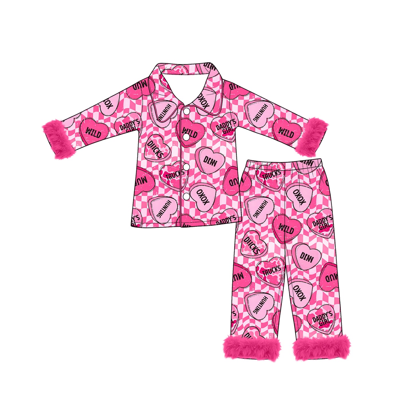 Preorder moq 5 Baby Girls Pink Hearts XOXO Checked Button Top Pant Fur Sleeves Valentines Pajamas Set