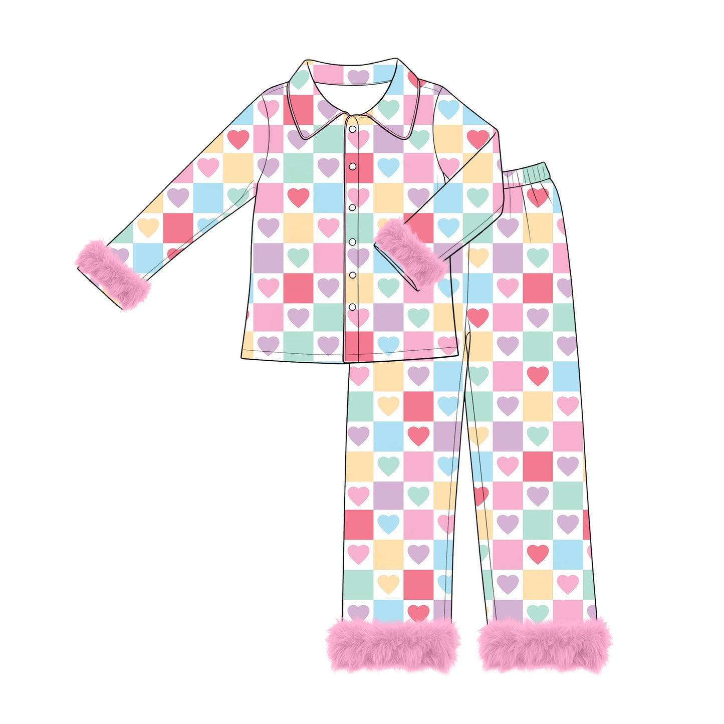 Preorder moq 5 Adult Women Colorful Hearts Checked Button Top Pant Fur Sleeves Valentines Pajamas Set