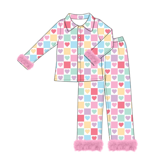 Preorder moq 5 Adult Women Colorful Hearts Checked Button Top Pant Fur Sleeves Valentines Pajamas Set