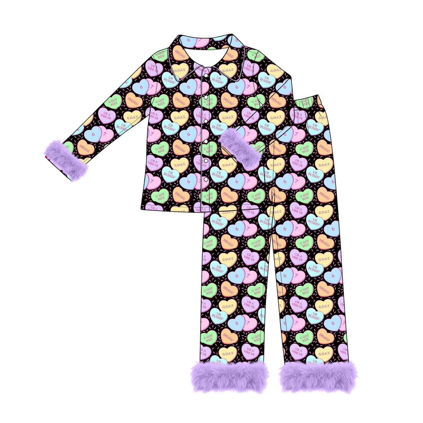 Preorder moq 5 Adult Women Colorful Hearts Sprinkles Button Top Pant Fur Sleeves Valentines Pajamas Set