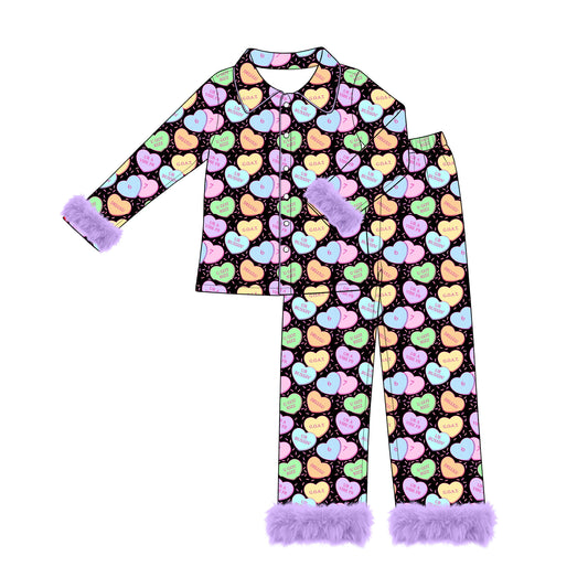 Preorder moq 5 Adult Women Colorful Hearts Sprinkles Button Top Pant Fur Sleeves Valentines Pajamas Set