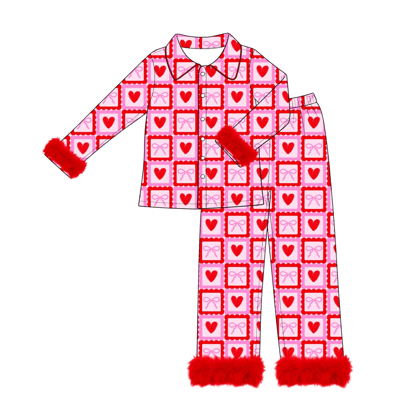 Preorder moq 5 Adult Women Hearts Bows Checked Button Top Pant Fur Sleeves Valentines Pajamas Set