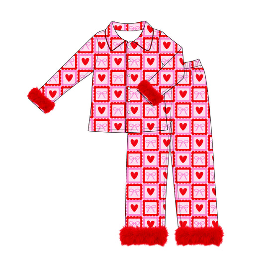 Preorder moq 5 Adult Women Hearts Bows Checked Button Top Pant Fur Sleeves Valentines Pajamas Set