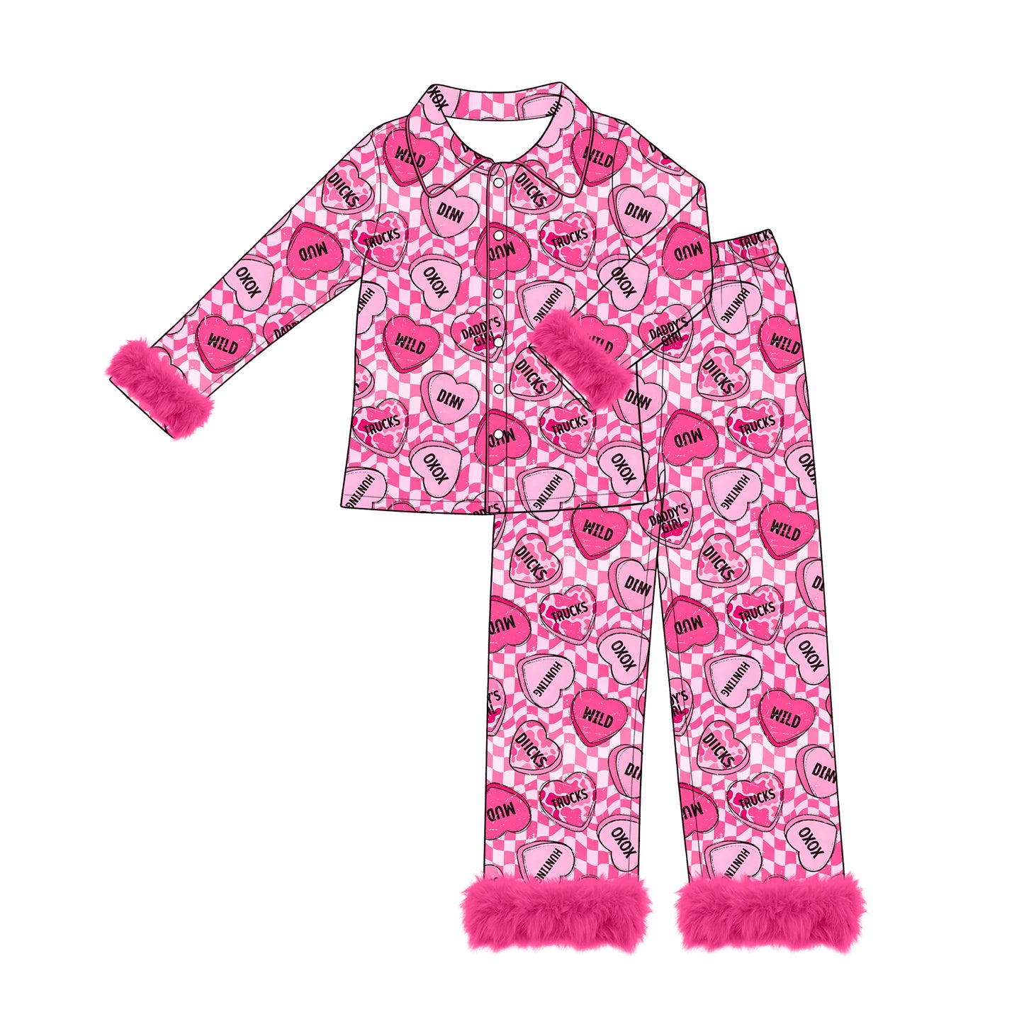 Preorder moq 5 Adult Women Pink Hearts XOXO Checked Button Top Pant Fur Sleeves Valentines Pajamas Set