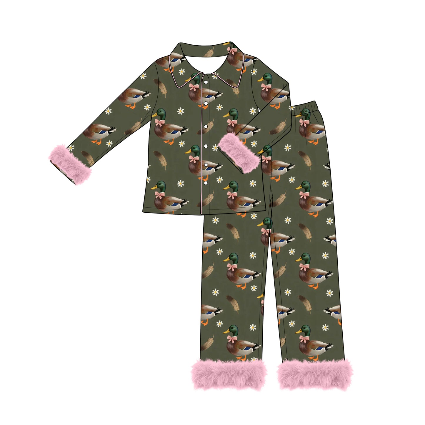 Preorder moq 5 Adult Women Ducks Flowers Button Top Pant Fur Sleeves Hunting Pajamas Set