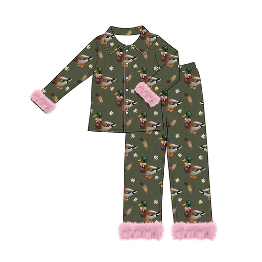 Preorder moq 5 Adult Women Ducks Flowers Button Top Pant Fur Sleeves Hunting Pajamas Set