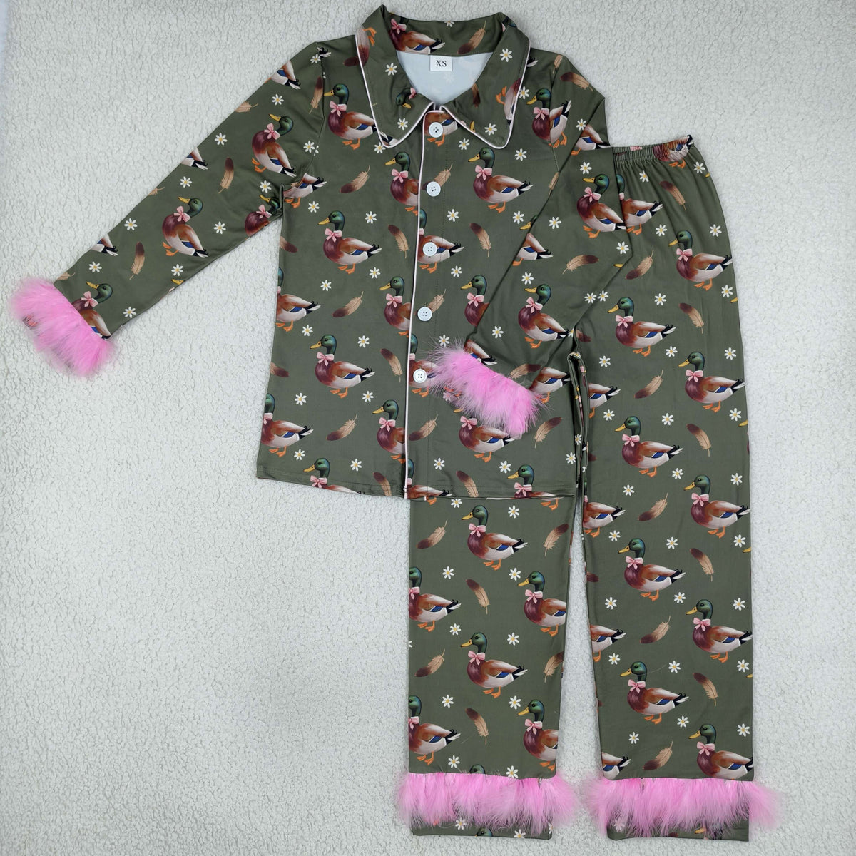 Adult Women Ducks Flowers Button Top Pant Fur Sleeves Hunting Pajamas Set