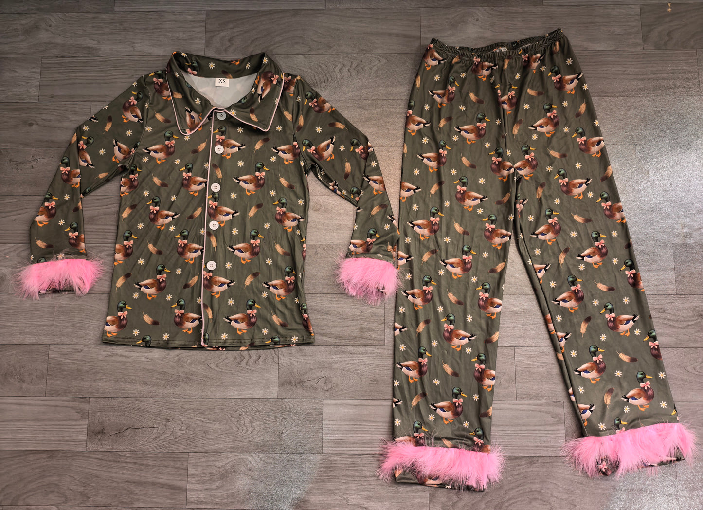 Adult Women Ducks Flowers Button Top Pant Fur Sleeves Hunting Pajamas Set Preorder