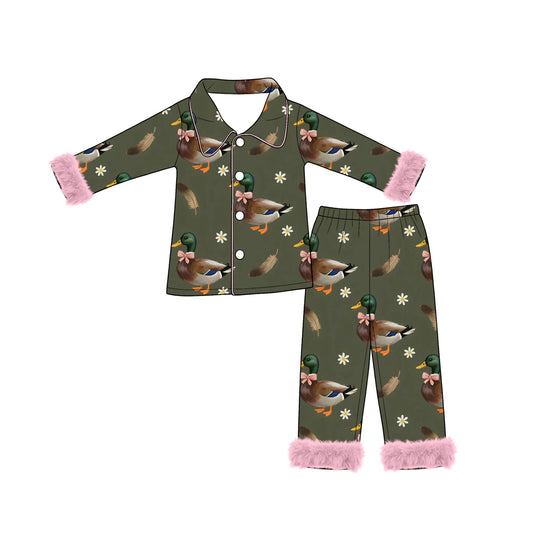 Preorder moq 5 Baby Girls Flowers Ducks Button Top Pant Fur Sleeves Hunting Pajamas Set