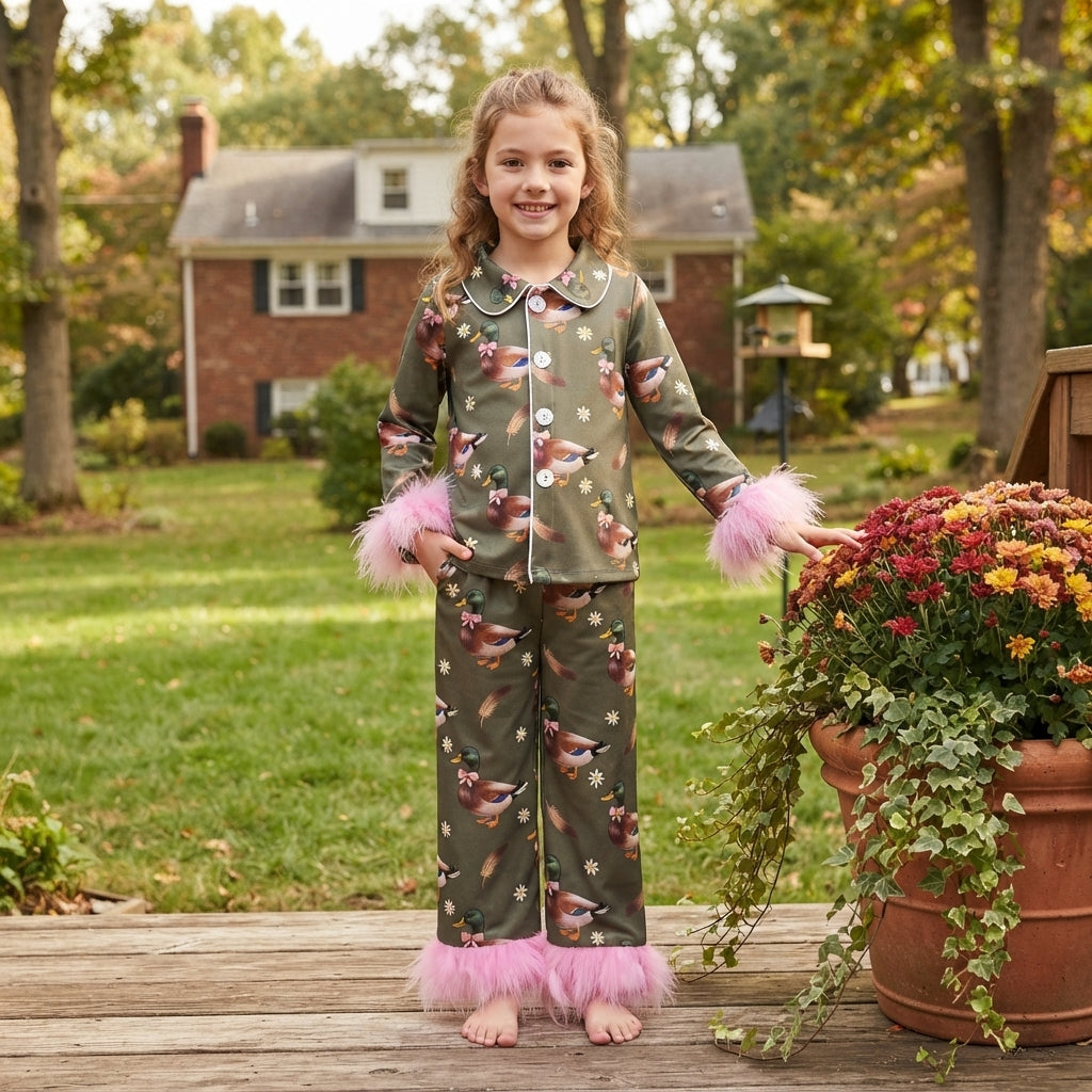 Baby Girls Flowers Ducks Button Top Pant Fur Sleeves Hunting Pajamas Set