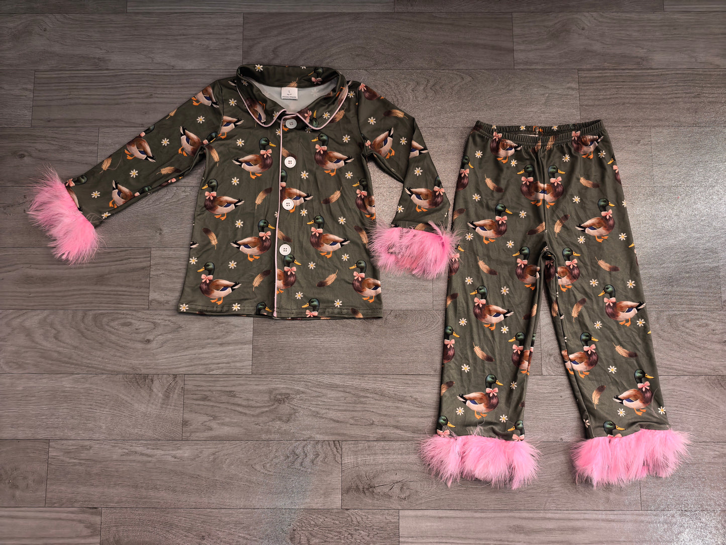 Baby Girls Flowers Ducks Button Top Pant Fur Sleeves Hunting Pajamas Set Preorder