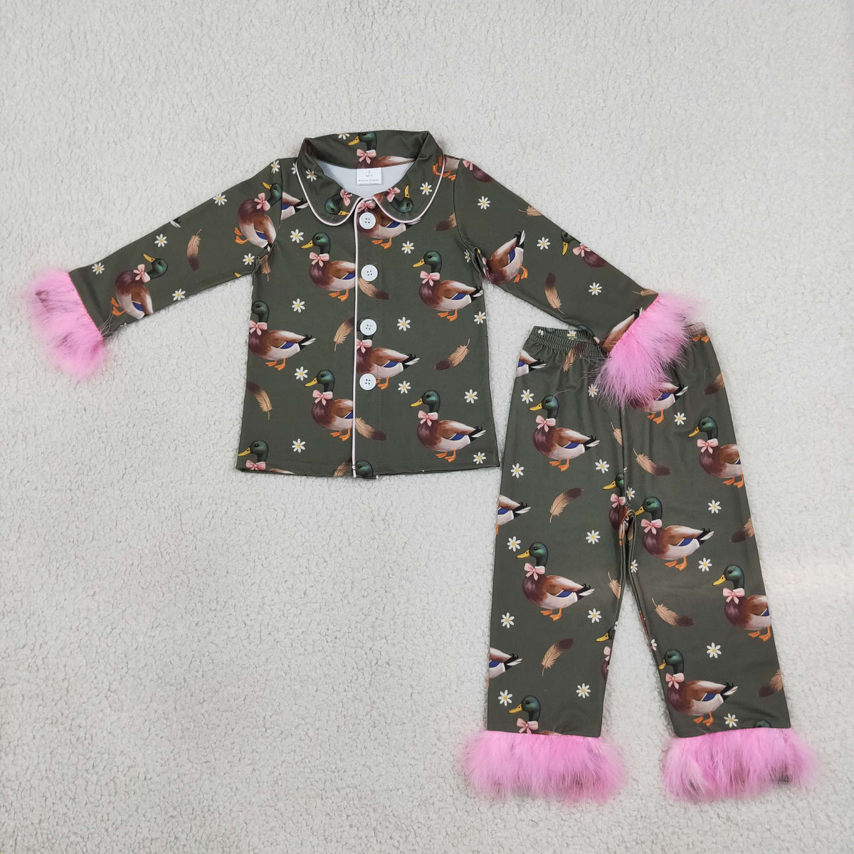 Baby Girls Flowers Ducks Button Top Pant Fur Sleeves Hunting Pajamas Set