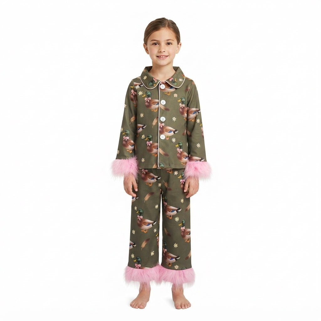 Baby Girls Flowers Ducks Button Top Pant Fur Sleeves Hunting Pajamas Set