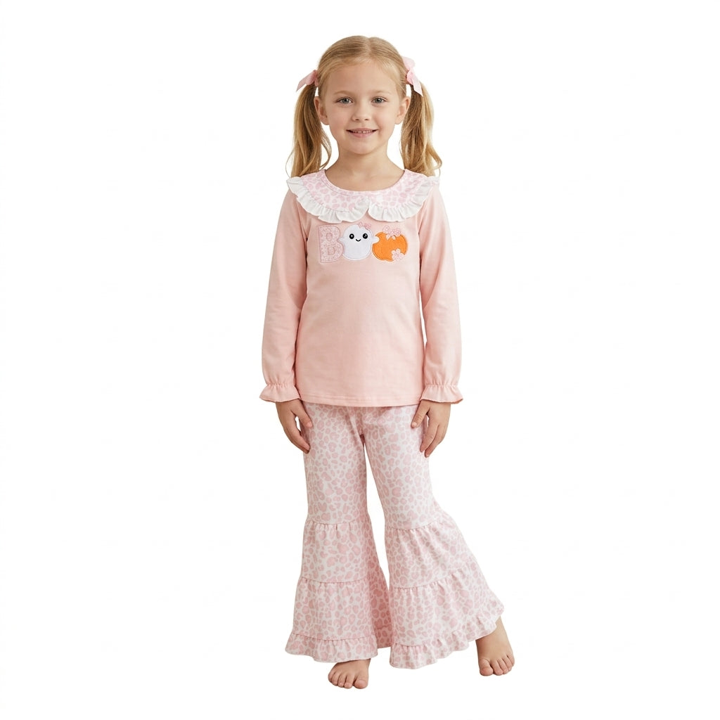 Embroidery Pumpkin Ghost BOO Baby Girls Top Leopard Bell Bottom Halloween Sets