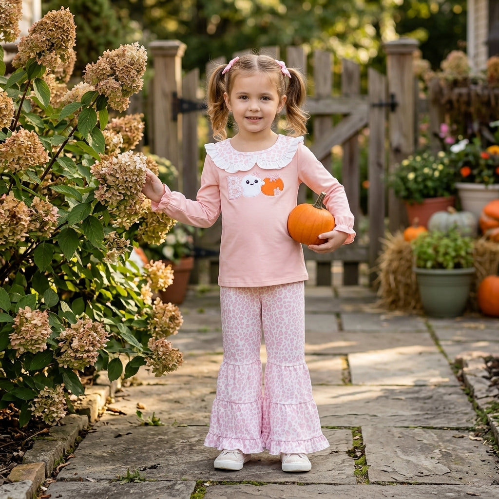 Embroidery Pumpkin Ghost BOO Baby Girls Top Leopard Bell Bottom Halloween Sets