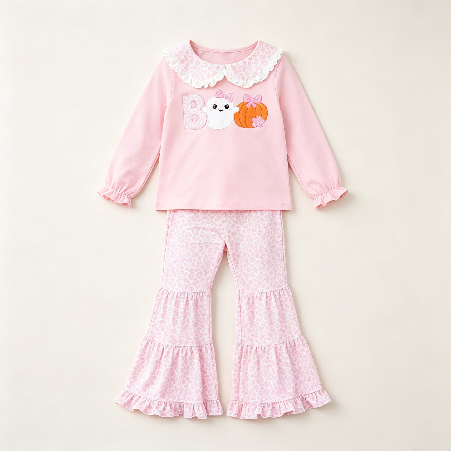 Preorder moq 5 Baby Girls Pumpkin Ghost BOO Top Leopard Bell Bottom Halloween Set