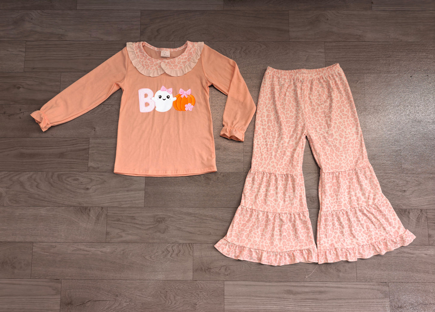 Embroidery Pumpkin Ghost BOO Baby Girls Top Leopard Bell Bottom Halloween Set Preorder
