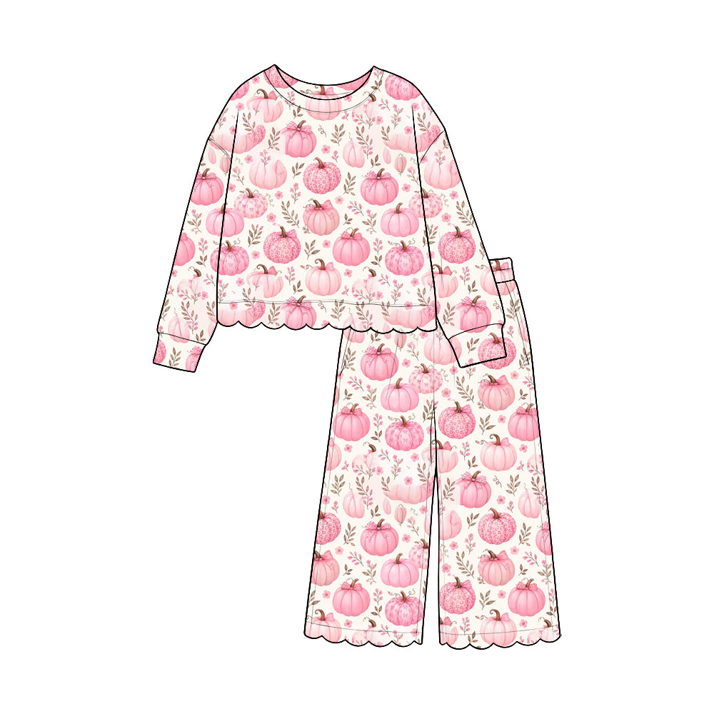 Preorder moq 5 Baby Girls Pink Bows Pumpkins Top Flare Pant Fall Scallop Clothes Sets