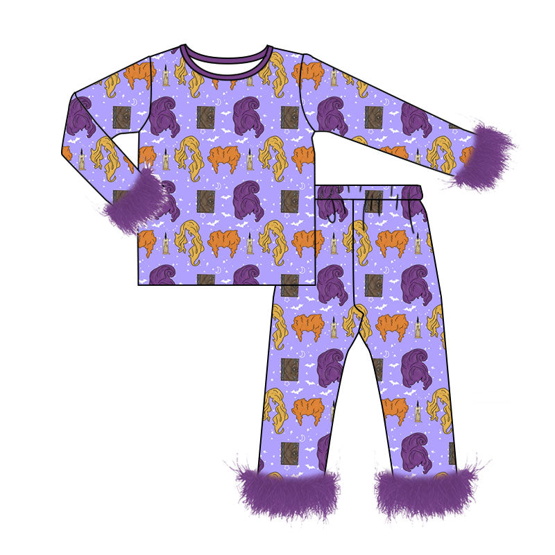 Preorder moq 5 Baby Girls Cartoon Hair Bats Top Pant Fur Sleeves Halloweens Pajamas Set