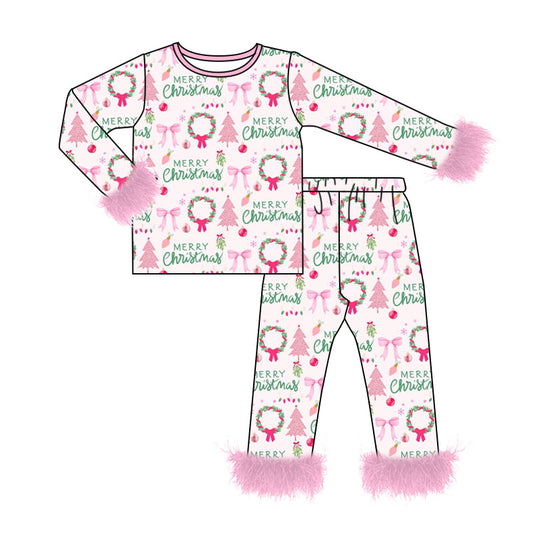 Preorder moq 5 Baby Girls Holly Trees Top Pant Fur Sleeves Christmas Pajamas Sets