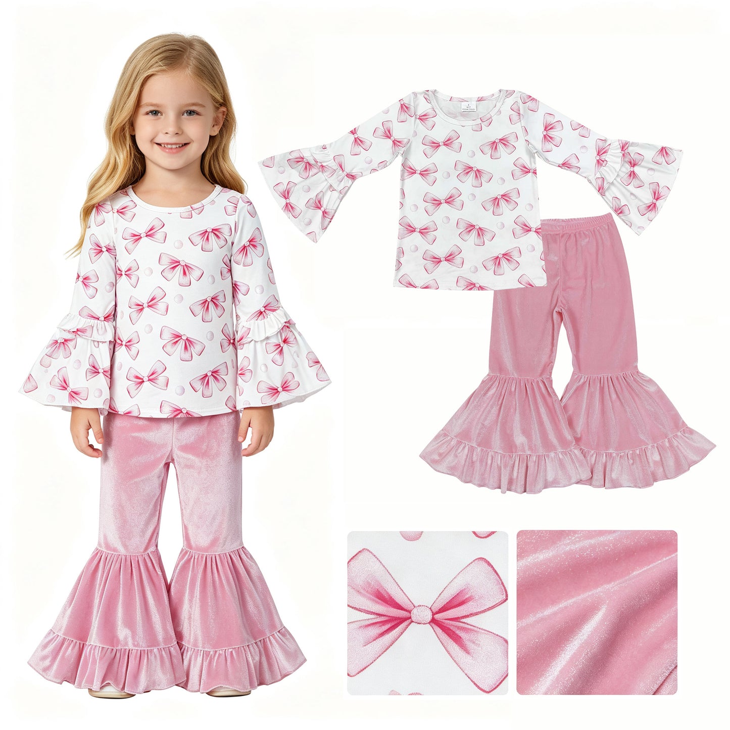 Baby Girls Pink Bows Top Pink Velvet Ruffle Bell Bottom Pants Clothes Sets
