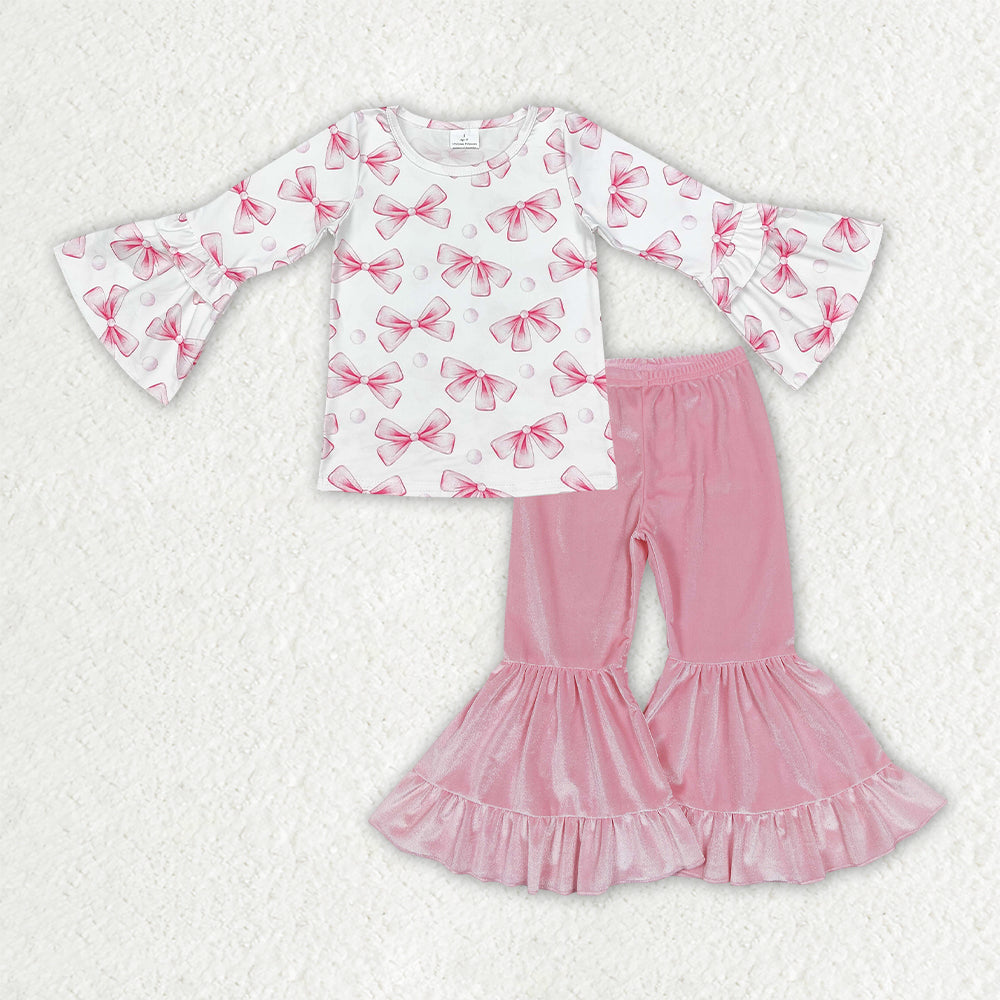 Baby Girls Pink Bows Top Pink Velvet Ruffle Bell Bottom Pants Clothes Sets