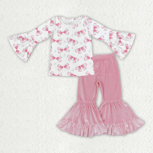 Baby Girls Pink Bows Top Pink Velvet Ruffle Bell Bottom Pants Clothes Sets
