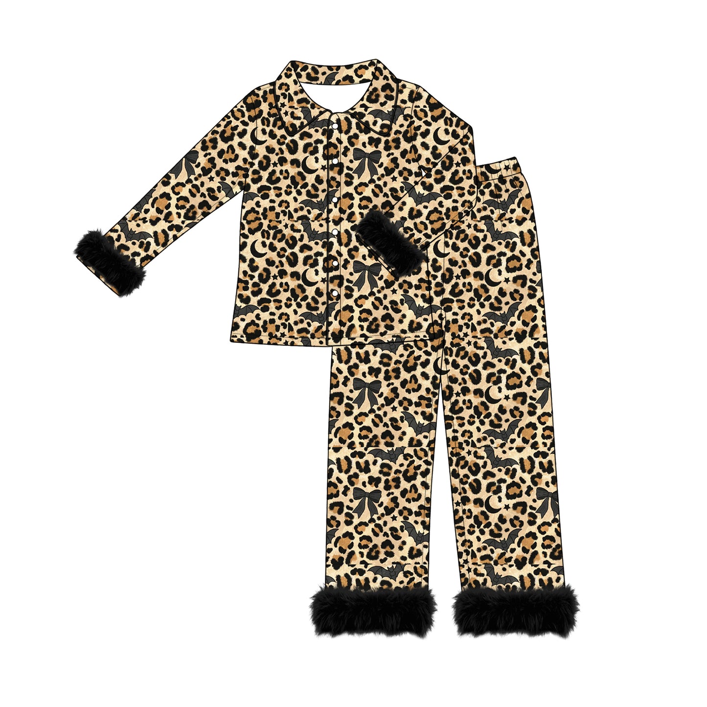 Preorder moq 5 Adult Women Leopard Bats Button Top Pant Fur Sleeves Halloween Pajamas Set