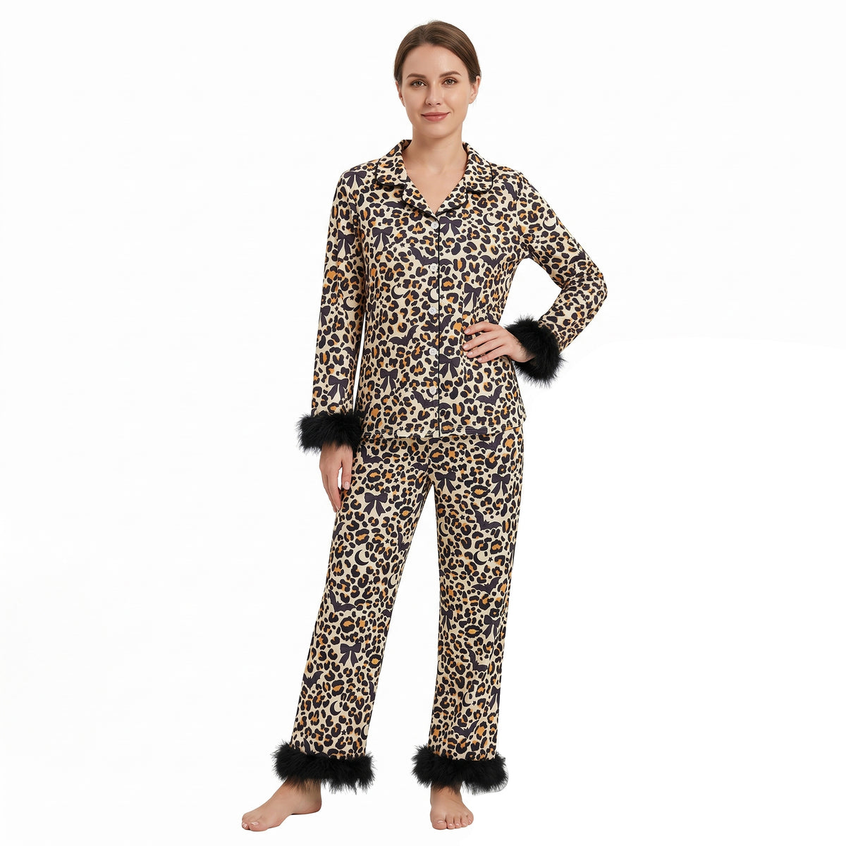 Adult Women Leopard Bats Button Top Pant Fur Sleeves Halloween Pajamas Set