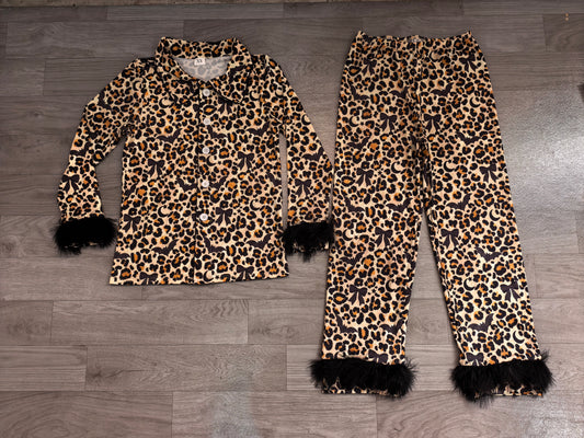 Adult Women Leopard Bats Button Top Pant Fur Sleeves Halloween Pajamas Set Preorder