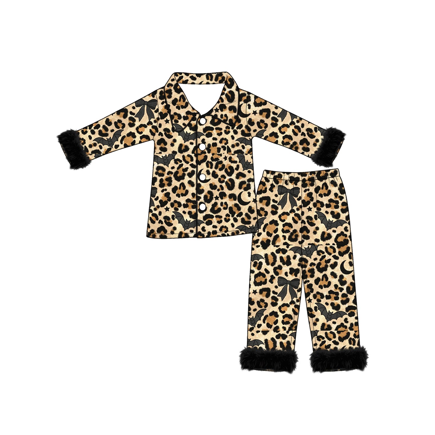 Preorder moq 5 Baby Girls Leopard Bats Button Top Pant Fur Sleeves Halloween Pajamas Set